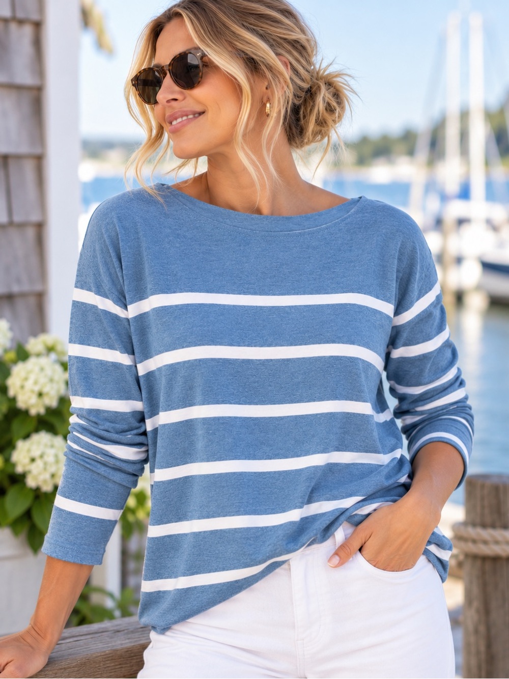 Joules Blue and White Striped Long Sleeve Boatneck Top